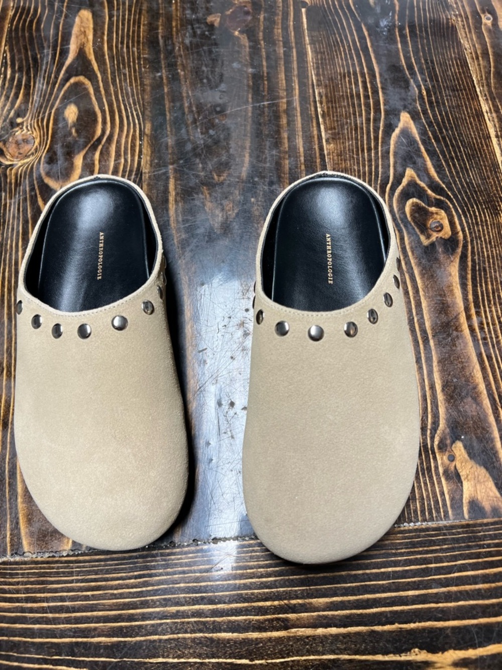 Anthropologie Taupe Studded Slip-On Clogs